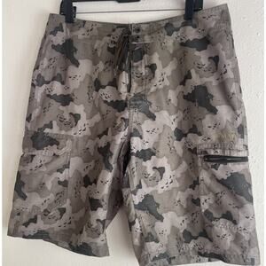 Simms Board Shorts Mens Large Green Camo Cargo Fishing Swim Trunks Drawstring
